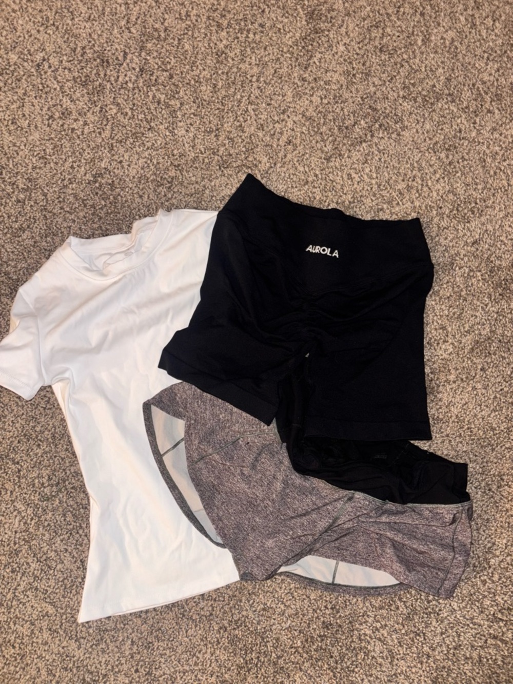 AUROLA Black High-Waist Bike Shorts with White Tee, and Lulu lemon shorts